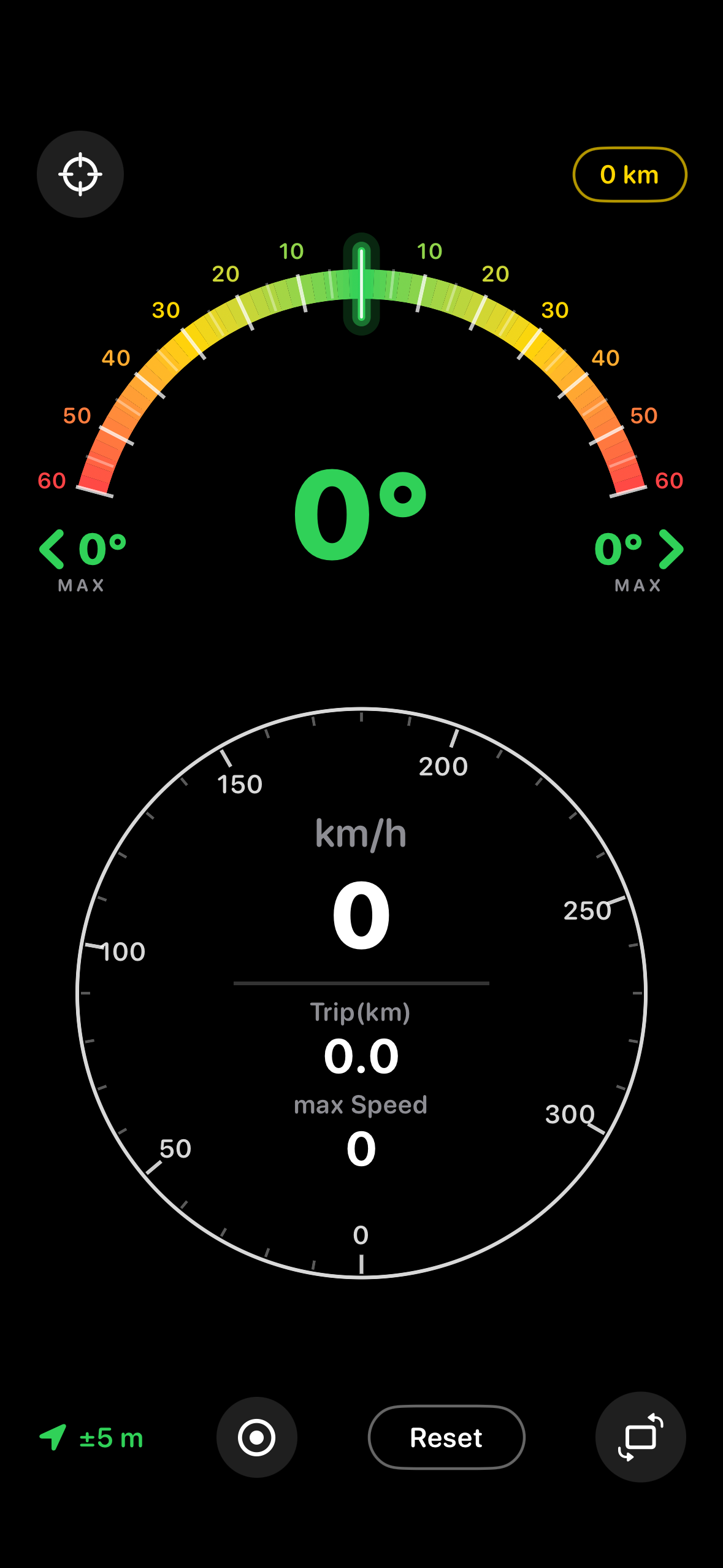 Lean Angle Dashboard: Schräglagenbogen bei 0° und Tacho bei 0 km/h